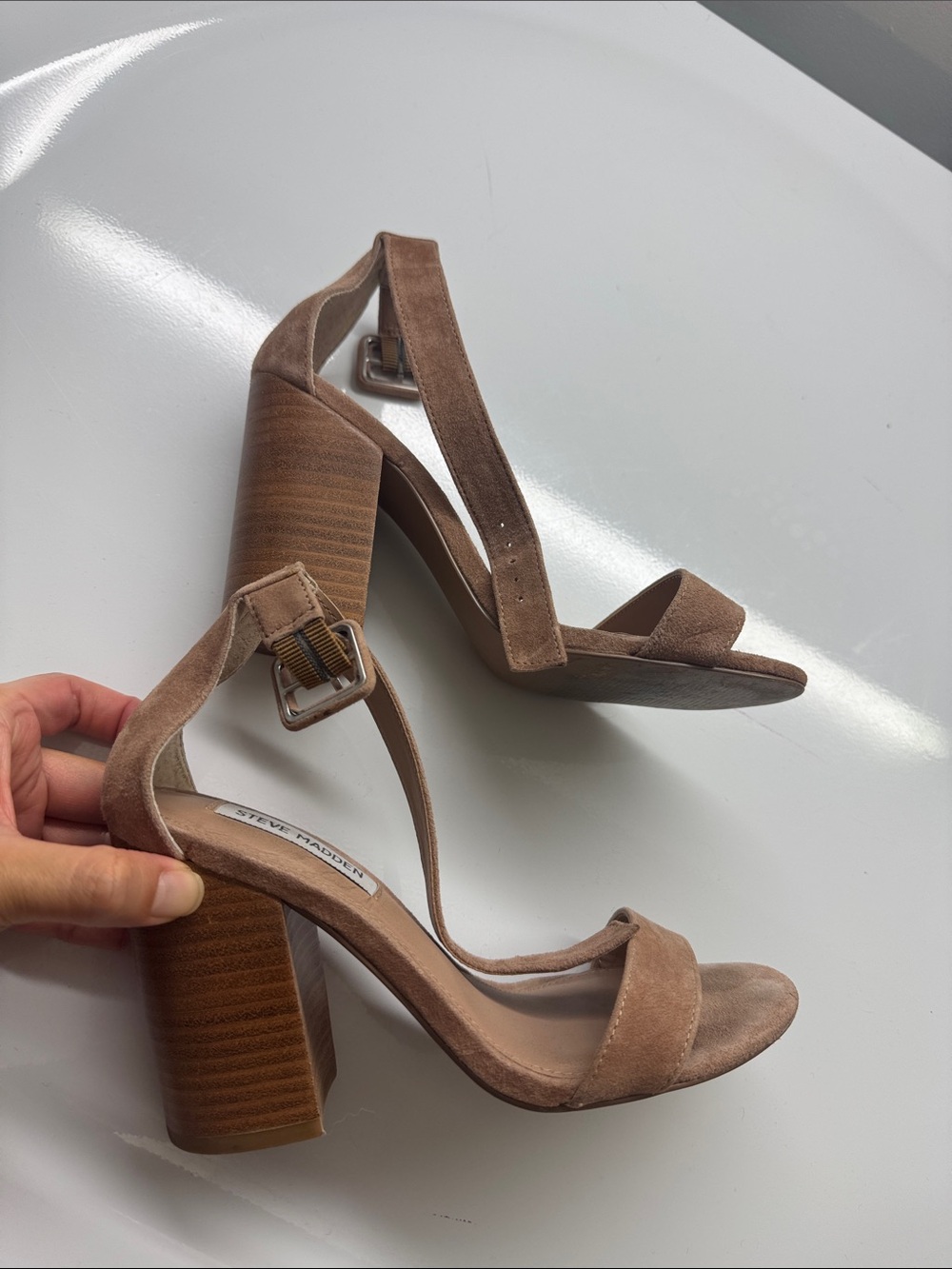Steve Madden Beige Suede Block Heel Sandals - Picture 4 of 7